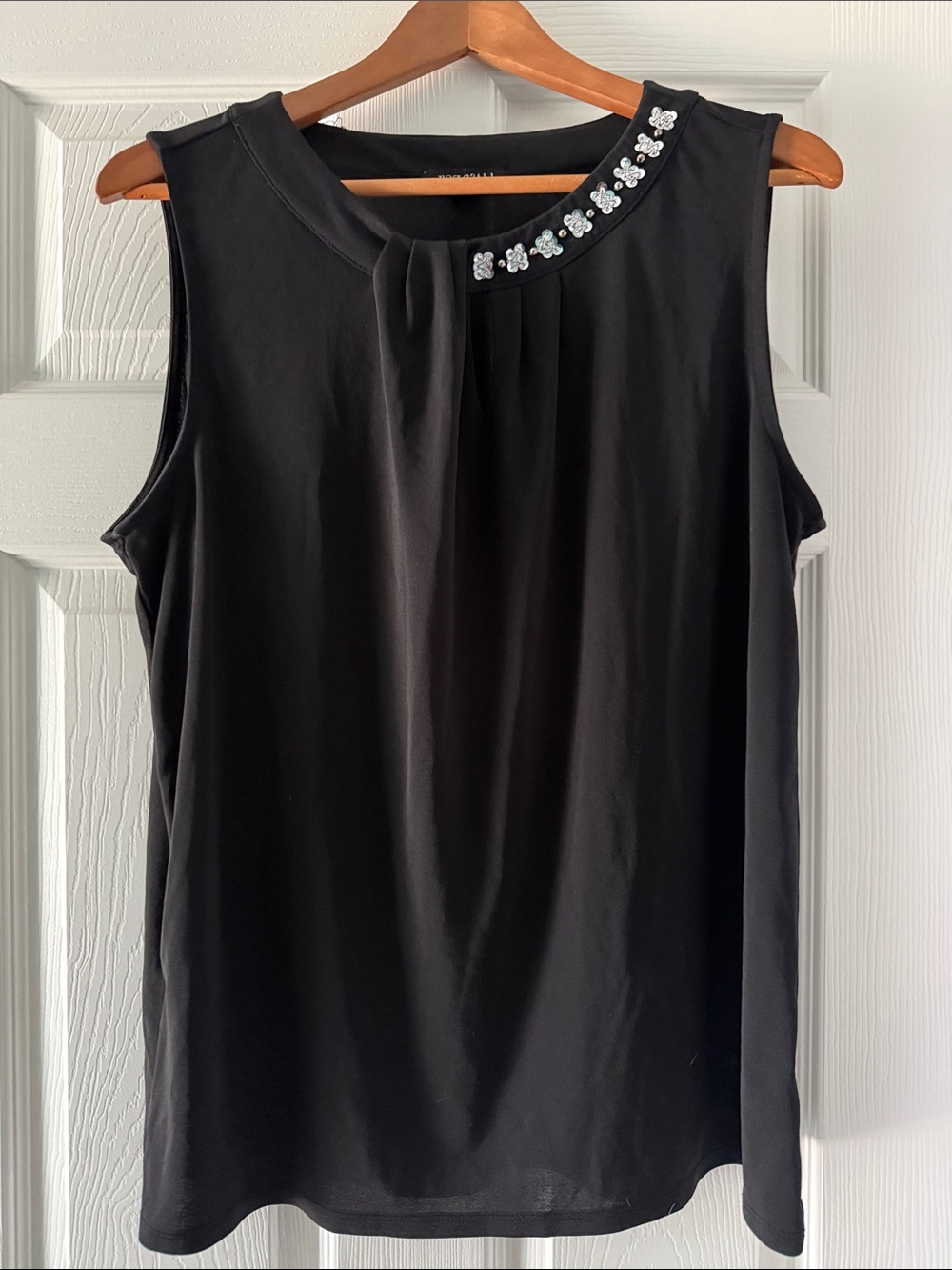 Roz & Ali Black Sleeveless Keyhole Top with Rhinestone Neck